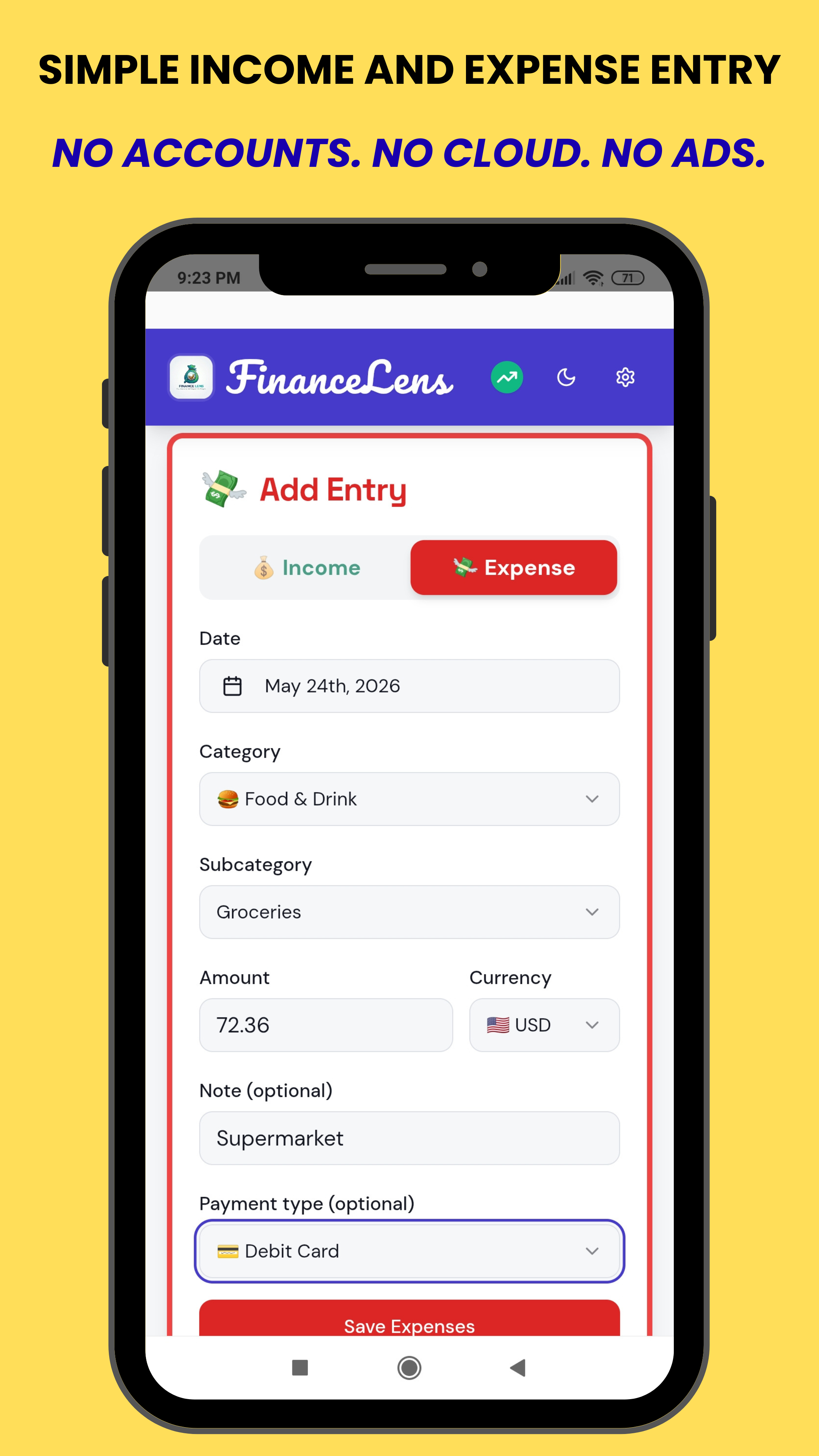 Simple income and expense entry